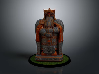 Ancient Bearded Game Movie Character Statue with Crown and Ornate Attire on Grass Base 3d model