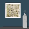 Abstract Painting on Blue Wall with White Frame Gold Beige Grid Squares and Silver Sculpture