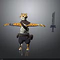 Cartoon Tiger Character Wearing Striped Sleeves Scarf Shorts With Outstretched Arms And Sword