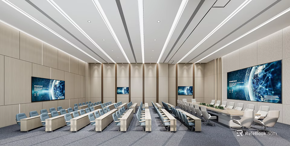 Modern Sleek Conference Room Interior With Aligned Seats Long Tables And Wall Screens 3d model 