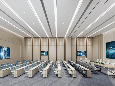 Modern Sleek Conference Room Interior With Aligned Seats Long Tables And Wall Screens 3d model