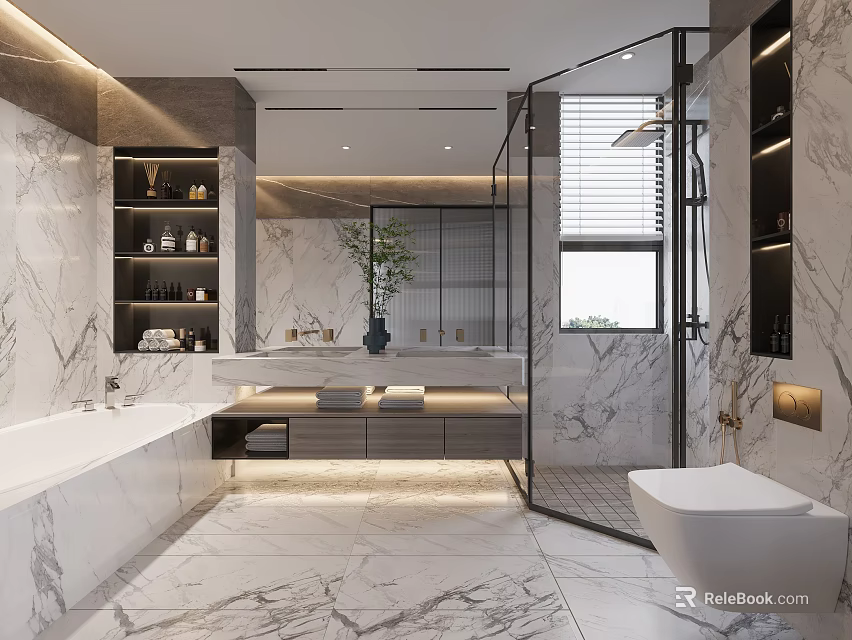 Modern Bathroom Interior With Marble Walls Bathtub Glass Shower Large Mirror And Natural Light 3d model 