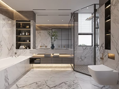 Modern Bathroom Interior With Marble Walls Bathtub Glass Shower Large Mirror And Natural Light 3d model