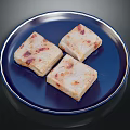 Delicious Square Pastry Snacks With Red Toppings On Blue Round Plate 3d model