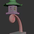 Japanese Style Traditional Stone Outdoor Lantern with Curved Arm Square Base and Illuminated Carved Patterns