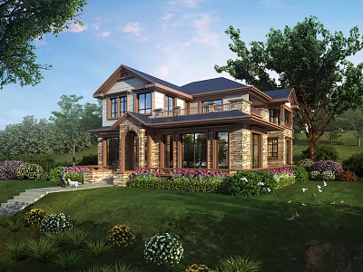 Two Story Detached Villa Exterior With Green Lawn Trees And Flower Garden 3d model