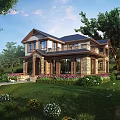 Two Story Detached Villa Exterior With Green Lawn Trees And Flower Garden