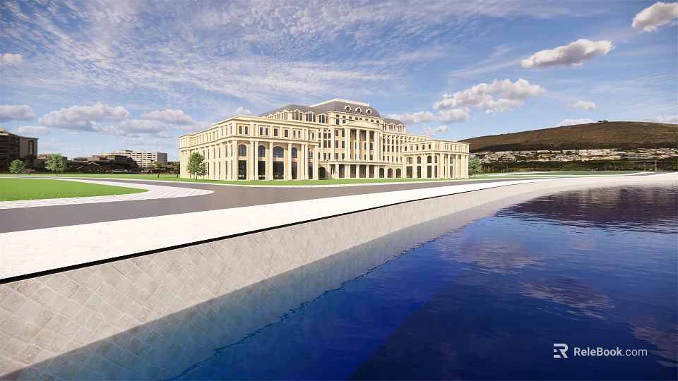 Grand European Style Architecture With Symmetrical Columns And Front Water Pool 3d model 