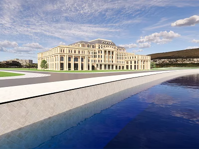 Grand European Style Architecture With Symmetrical Columns And Front Water Pool 3d model