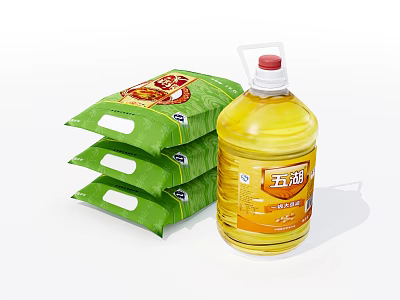 Bottle of Cooking Oil with Three Green Packaged Food Products on White Background 3d model