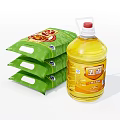 Bottle of Cooking Oil with Three Green Packaged Food Products on White Background