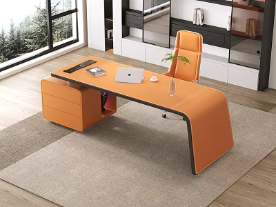 Modern Orange Office Desk With Laptop Keyboard Mouse Green Plant and Orange Chair 3d model