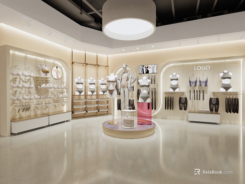 Modern Clothing Store Interior with Lingerie Displays Mannequins Shelves and Bright Lighting 3d model 