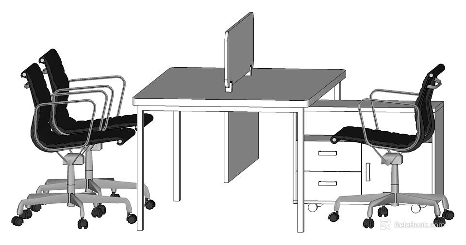 Modern Office Desk Setup With Ergonomic Chairs And Drawer Cabinet 3d model