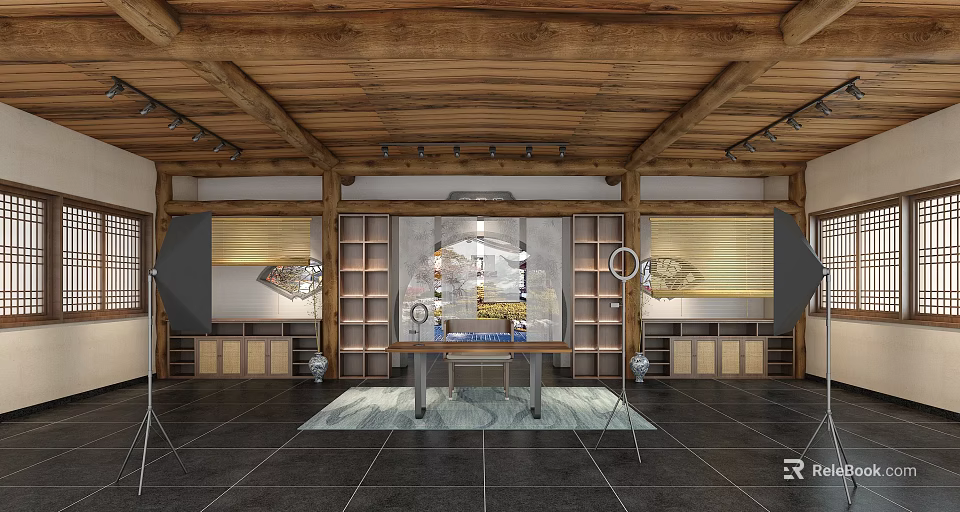 Traditional Modern Interior With Wooden Ceiling Beams Display Shelves Central Table And Black Tiled Floor 3d model 