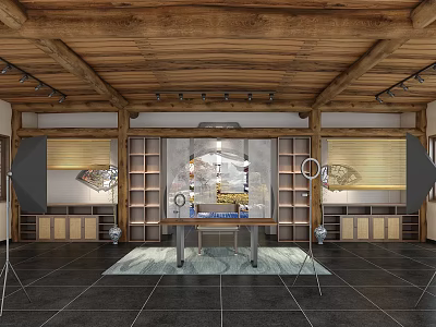 Traditional Modern Interior With Wooden Ceiling Beams Display Shelves Central Table And Black Tiled Floor 3d model