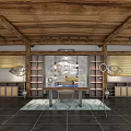 Traditional Modern Interior With Wooden Ceiling Beams Display Shelves Central Table And Black Tiled Floor