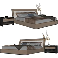 Modern Double Bed With Leather Headboard Bedside Tables Neutral Tones Pillows And Blanket 3d model