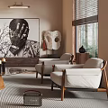 Elegant Modern Living Room Interior Design With Sofa Chandelier Indoor Plants Artwork Rug And Windows