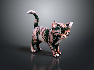 Colorful Striped Kitten Toy Standing On Dark Reflective Background With Bright Eyes 3d model