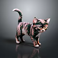 Colorful Striped Kitten Toy Standing On Dark Reflective Background With Bright Eyes
