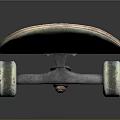 Classic Skateboard With Black Deck Wooden Edge And Four Shiny Wheels On Black Background