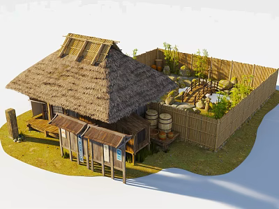 Traditional Thatched Roof Building With Bamboo Fence Wooden Barrels And Stone Steps 3d model