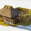 Traditional Thatched Roof Building With Bamboo Fence Wooden Barrels And Stone Steps