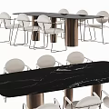 Modern Dining Table Set With Black Tabletop Metal Legs And White Chairs 3d model