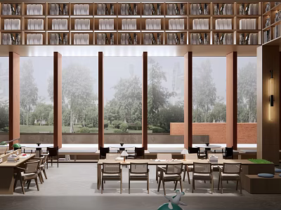 Spacious Sales Office Interior Featuring Large Windows Overlooking Green Trees And Wooden Furniture 3d model