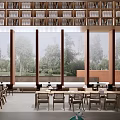 Spacious Sales Office Interior Featuring Large Windows Overlooking Green Trees And Wooden Furniture
