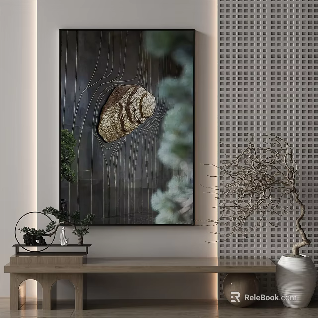 Modern Interior Decor With Textured Art Green Plants And Grid Patterned Wall 3d model