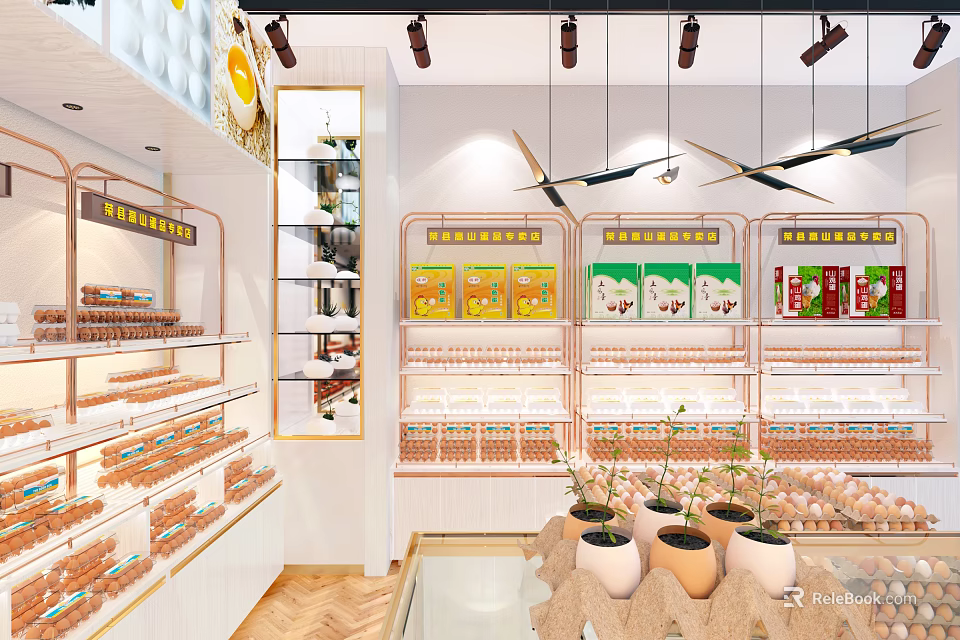 Egg Specialty Store Interior With Shelves Displaying Fresh Egg Products And Decorative Plants 3d model 