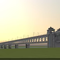 Traditional Pavilion Railway Bridge with Arch Design Over Water and Grassland at Sunset