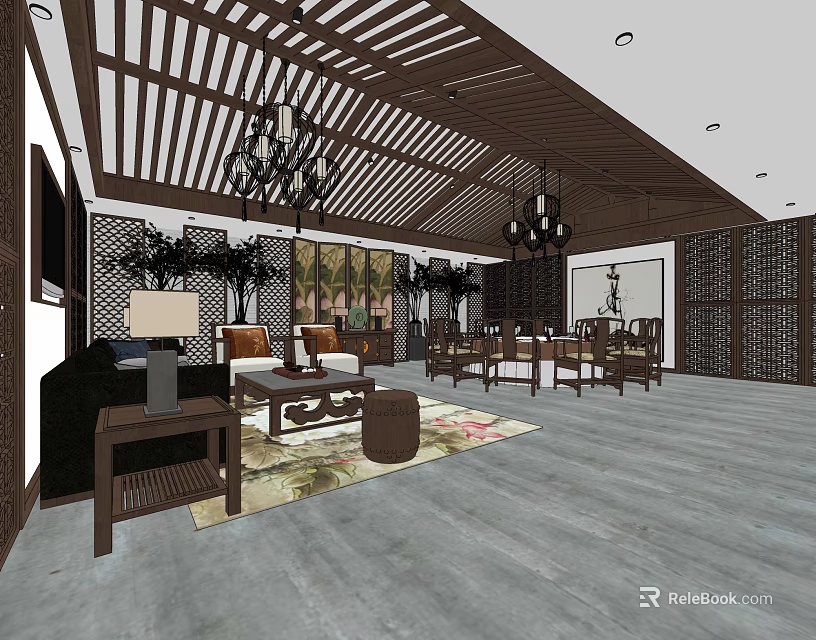 Chinese Style Private Room Interior With Wooden Decor Chandeliers Sofa And Dining Furniture 3d model 