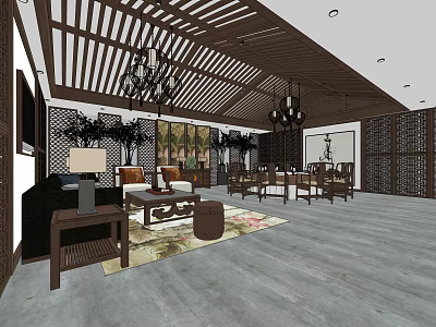 Chinese Style Private Room Interior With Wooden Decor Chandeliers Sofa And Dining Furniture 3d model