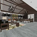 Chinese Style Private Room Interior With Wooden Decor Chandeliers Sofa And Dining Furniture