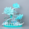 Photo Spot with Blue Flowers Welcome Sign Decorative Ribbons and Ornaments