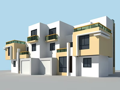 Modern Style Semi Detached Villa With White Yellow Exterior Black Windows And Balconies 3d model
