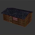 Rustic Wooden Cabin with Blue Shingle Roof and Wooden Walls Featuring Door and Window