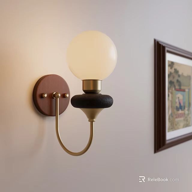 Modern Wall Lamp With White Globe Shade Wooden Base And Brass Finish Near Framed Painting 3d model 