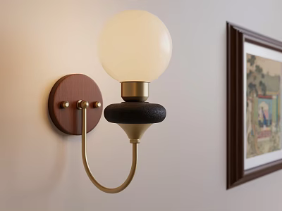 Modern Wall Lamp With White Globe Shade Wooden Base And Brass Finish Near Framed Painting 3d model