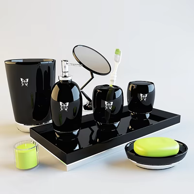 Black Bathroom Accessories Set With Butterfly Design Tray Mirror Toothbrush Holder And Green Soap Dish 3d model