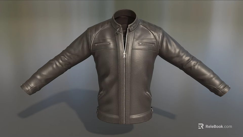 Black Leather Jacket with Stand Collar Zipper and Side Pockets Modern Design 3d model 
