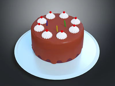 Chocolate Cake With Whipped Cream Topping And Colorful Candles On White Plate 3d model