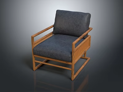 Single Sofa with Wooden Frame Gray Cushion and Rattan Accents for Living Room 3d model