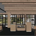 Modern Teahouse Interior With Wooden Furniture Large Windows And Bookshelves