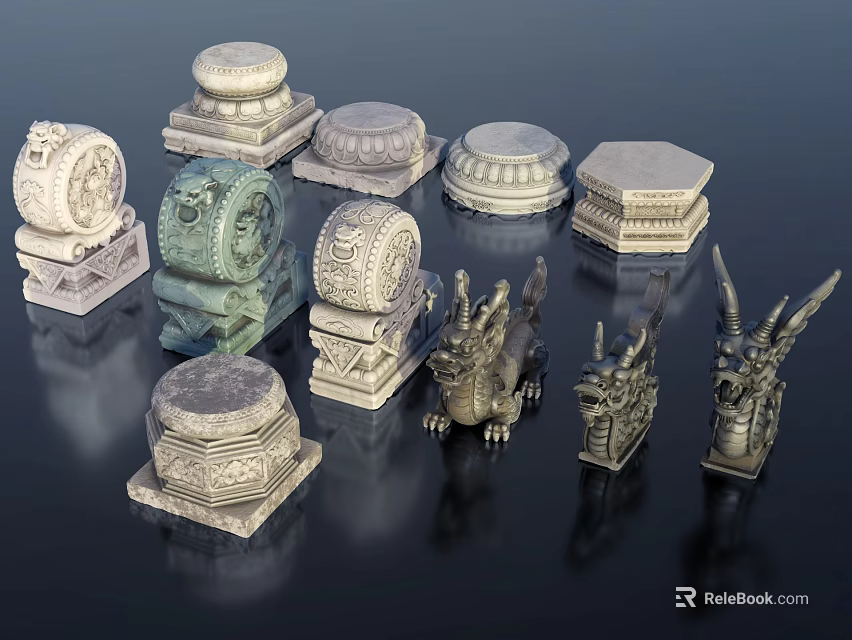 Ancient Architecture Stone Carvings With Traditional Sculptures Ornate Bases And Dragon Figures 3d model 