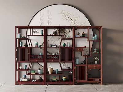 Traditional Chinese Curio Shelf Displaying Ceramic Vases Tea Sets And Decorative Items 3d model