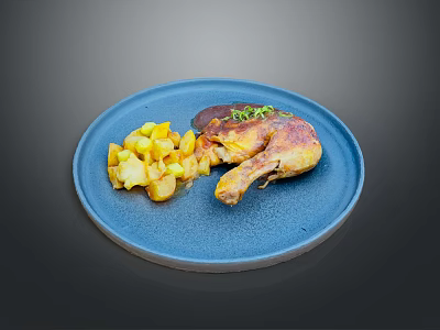 Roasted Chicken Leg with Golden Potato Chunks on Blue Plate with Herb Garnish 3d model